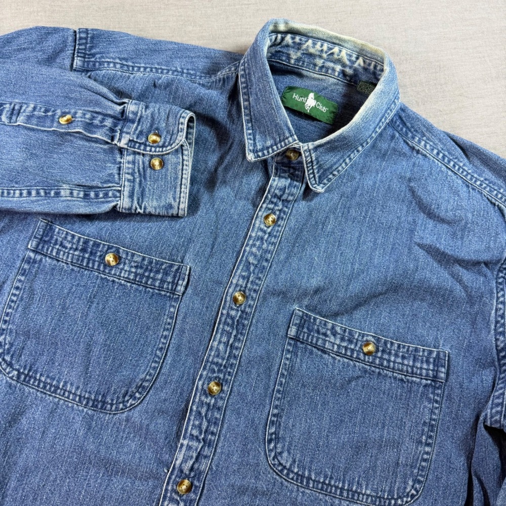 Hunt Club Denim Shirt Mens Large Blue Good Vintage Workwear Button Down